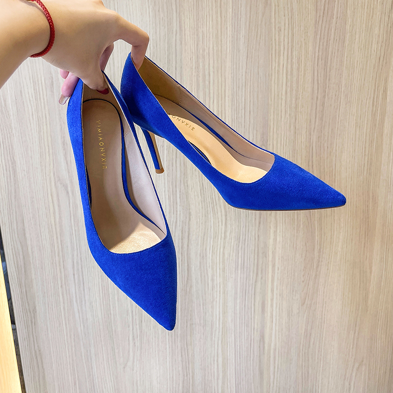 2026 Spring New Klein Blue Dress High Heels with Unique Design, Pointed Toe, Stiletto Heel, French Style Mid-Heel Shoes