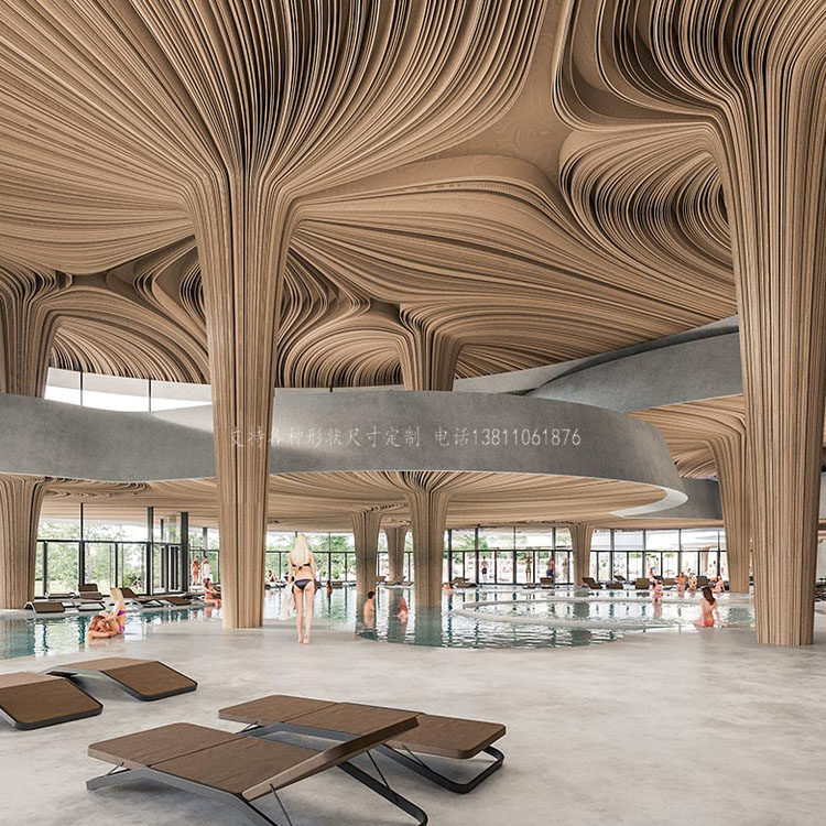 Indoor creative art wooden ceiling custom design special-shaped aluminum ceiling decoration curved aluminum square pass ceiling device