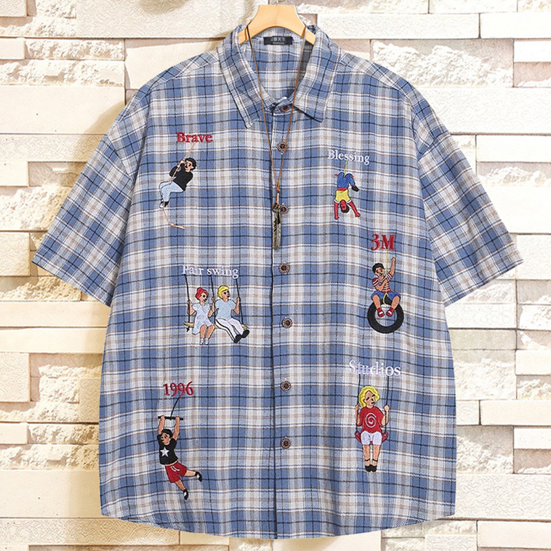 Extra Large Plus Size Shirt for Fat Guys, 175kg Blue Plaid Summer Short-Sleeved Men's Shirt