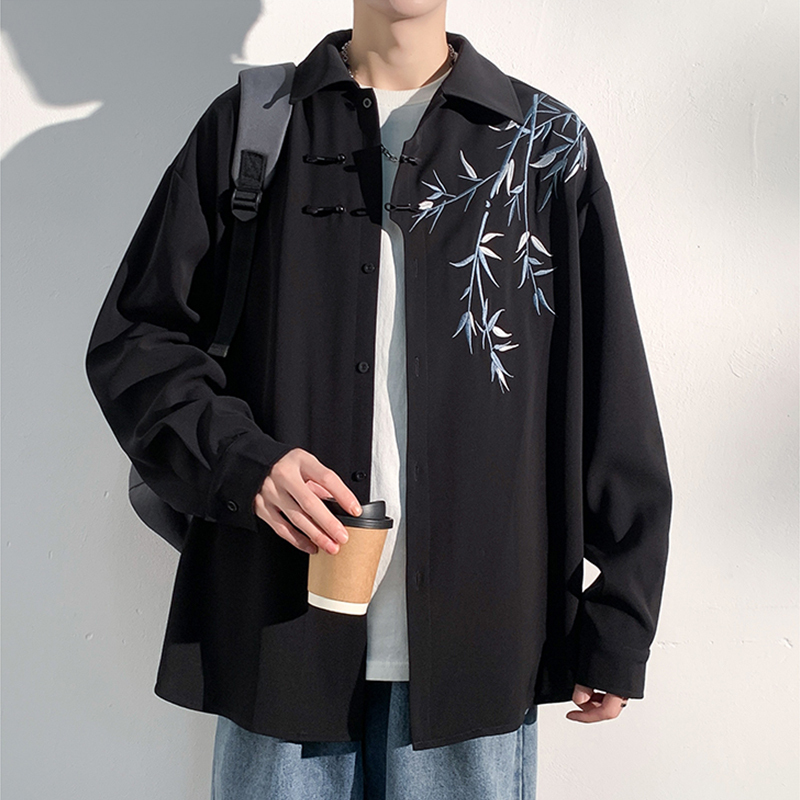 Plus-Size Men's Extra-Large Traditional Chinese Style 175kg Loose Long-Sleeve Embroidered Shirt for Autumn