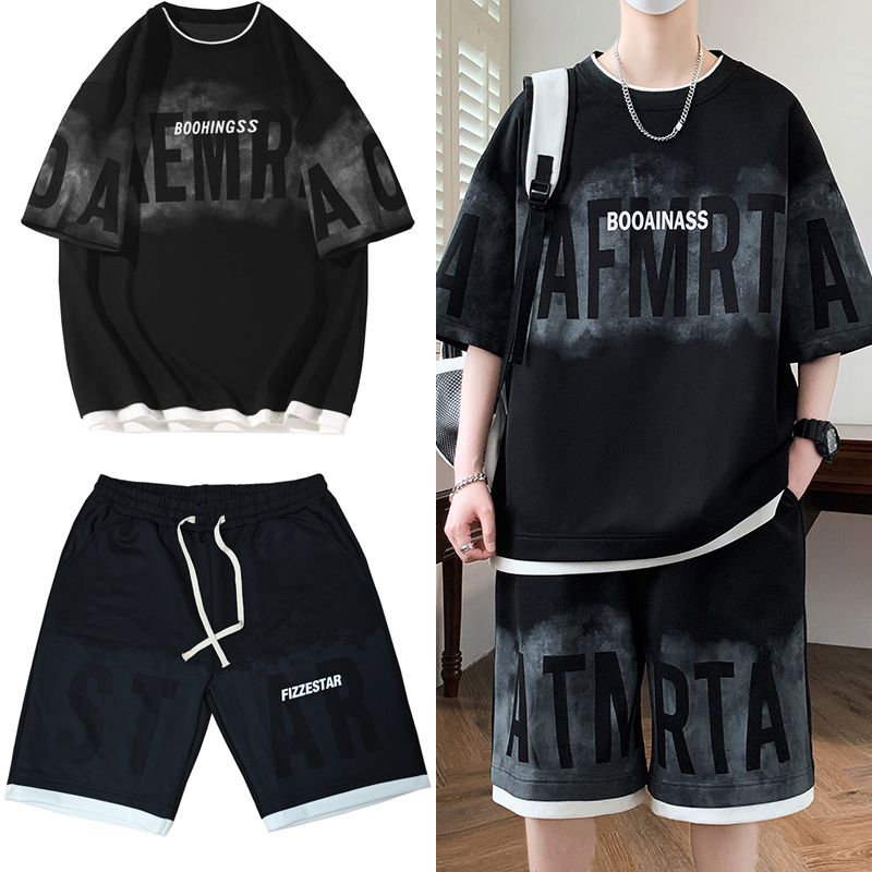 Plus Size Extra Large Fat Guy 400 Pounds 11XL Fake Two-Piece Half-Sleeve 7/8 Pants Shorts Set for Men