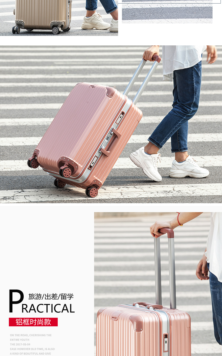 Khung nhôm xe đẩy trường hợp bánh xe phổ quát nam 24 vali nữ 20 inch phiên bản tiếng Hàn của chiếc vali nhỏ sinh viên đại học mới 26 vali màu hồng
