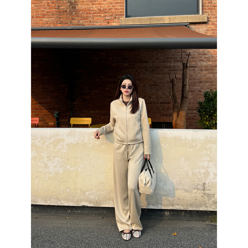 Junjun【Bubble Tea】Relaxed Wool Coat Casual Straight-Leg Pants Two-Piece Sports Suit for Women