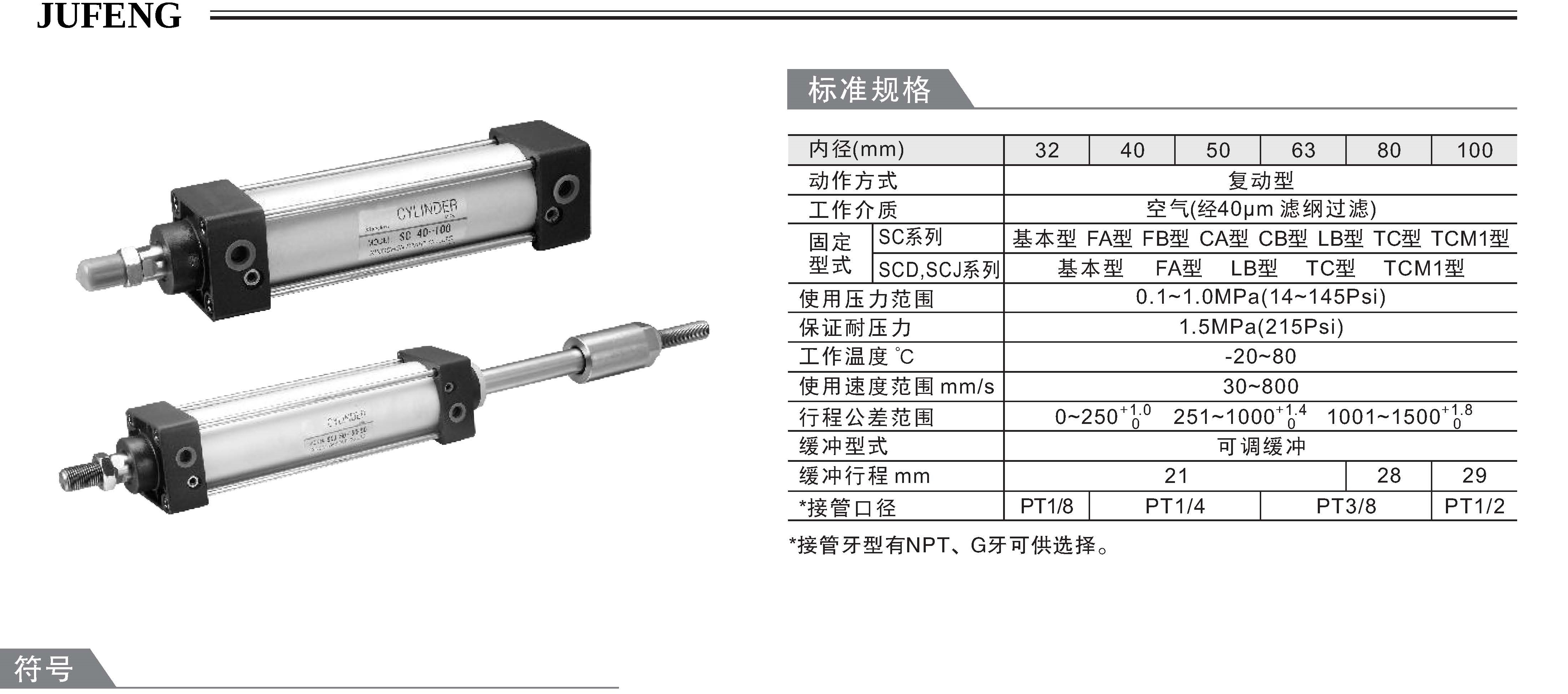 Цилиндр 巨丰 标准气缸sc80-25 50 75 100 125 150 175 200+100mm另加29元 Jufeng