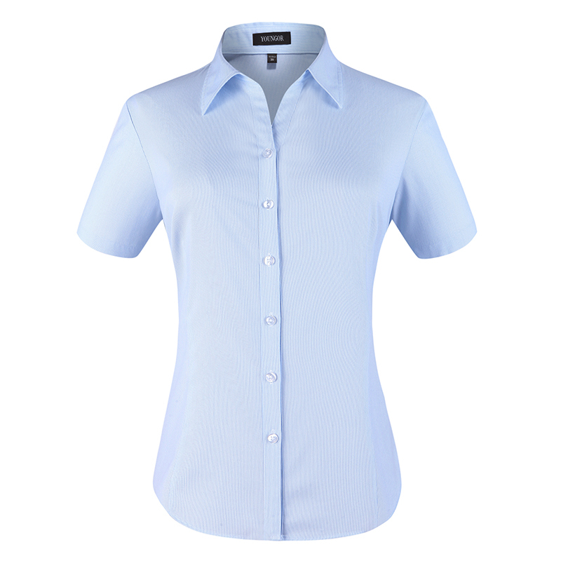 Youngor Women's Short-Sleeved Shirt Business Casual Professional Shirt V-Neck Wrinkle-Free Blue Striped Work Shirt