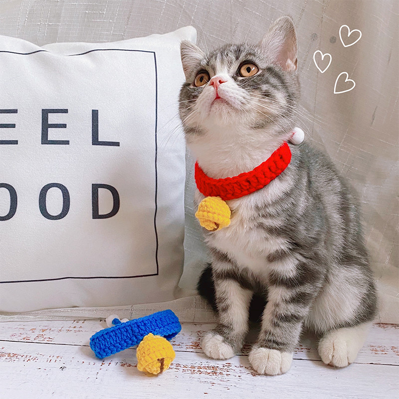 Cat collar silent bell adjustable dog small dog hand-knitted scarf British short American short pet collar