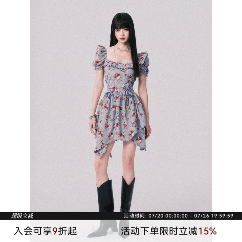 Luluswings Irregular Deconstructed Square Neck Puff Sleeve Blue Printed Dress Women's Lace-Up Waist A-Line Skirt Luluswings Irregular Deconstructed Square Neck Puff Sleeve Blue Printed Dress Women's Lace-Up Waist A-Line Skirt