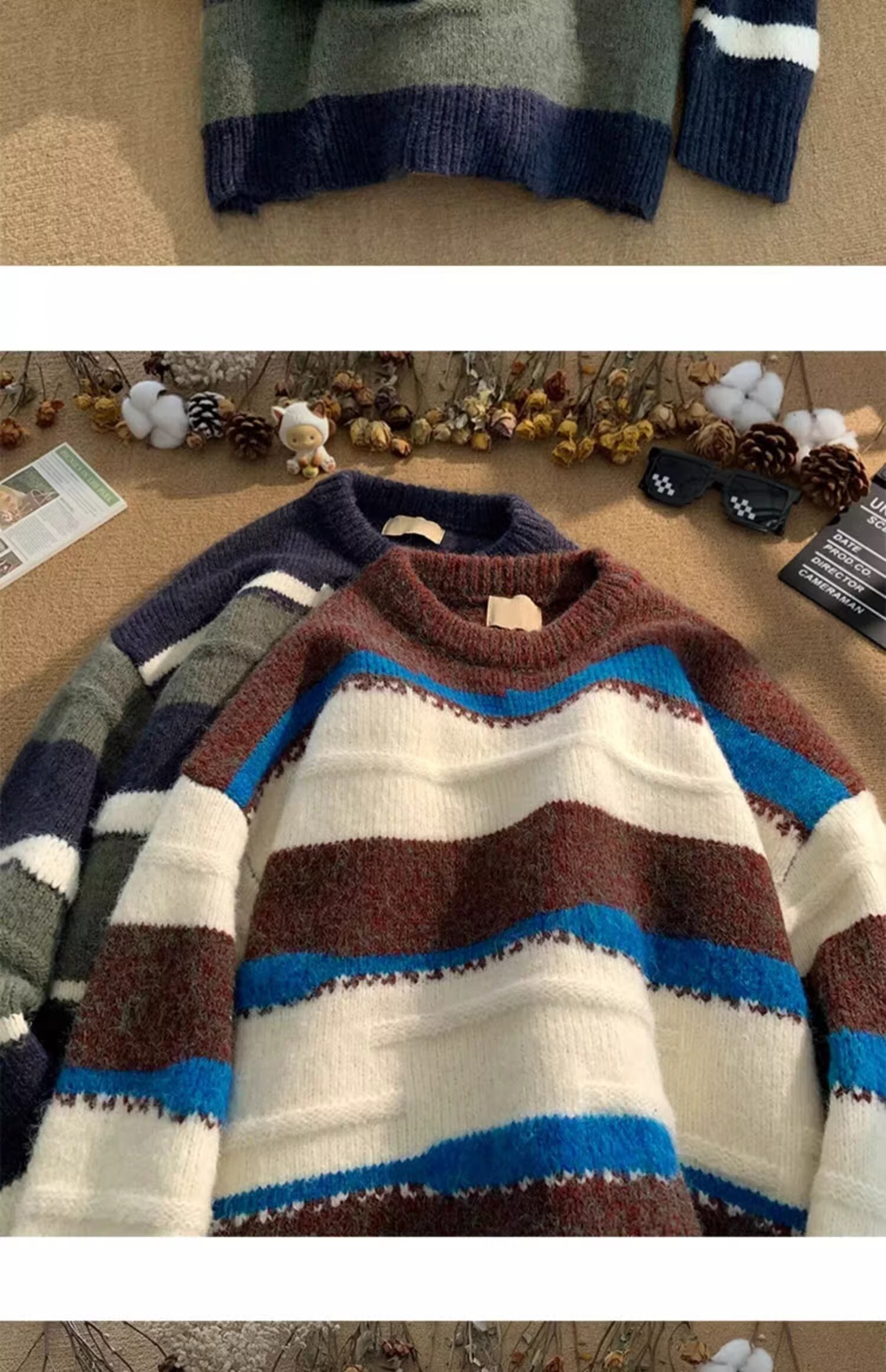 Minimalistischer Streifen-Pullover, vielseitig einsetzbar, Harajuku, lässige Strickmode, trendiger Hirschplüsch 610A-2-M23-P58_voghion.com