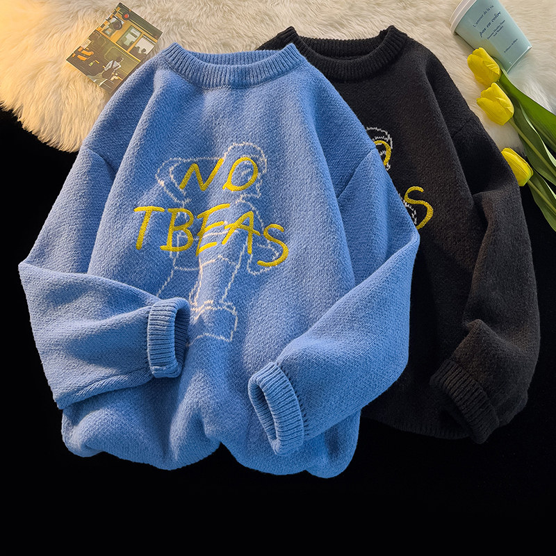 Women's Sweater Thick Knitted Round Neck Letter Embroidered Pullover_voghion.com