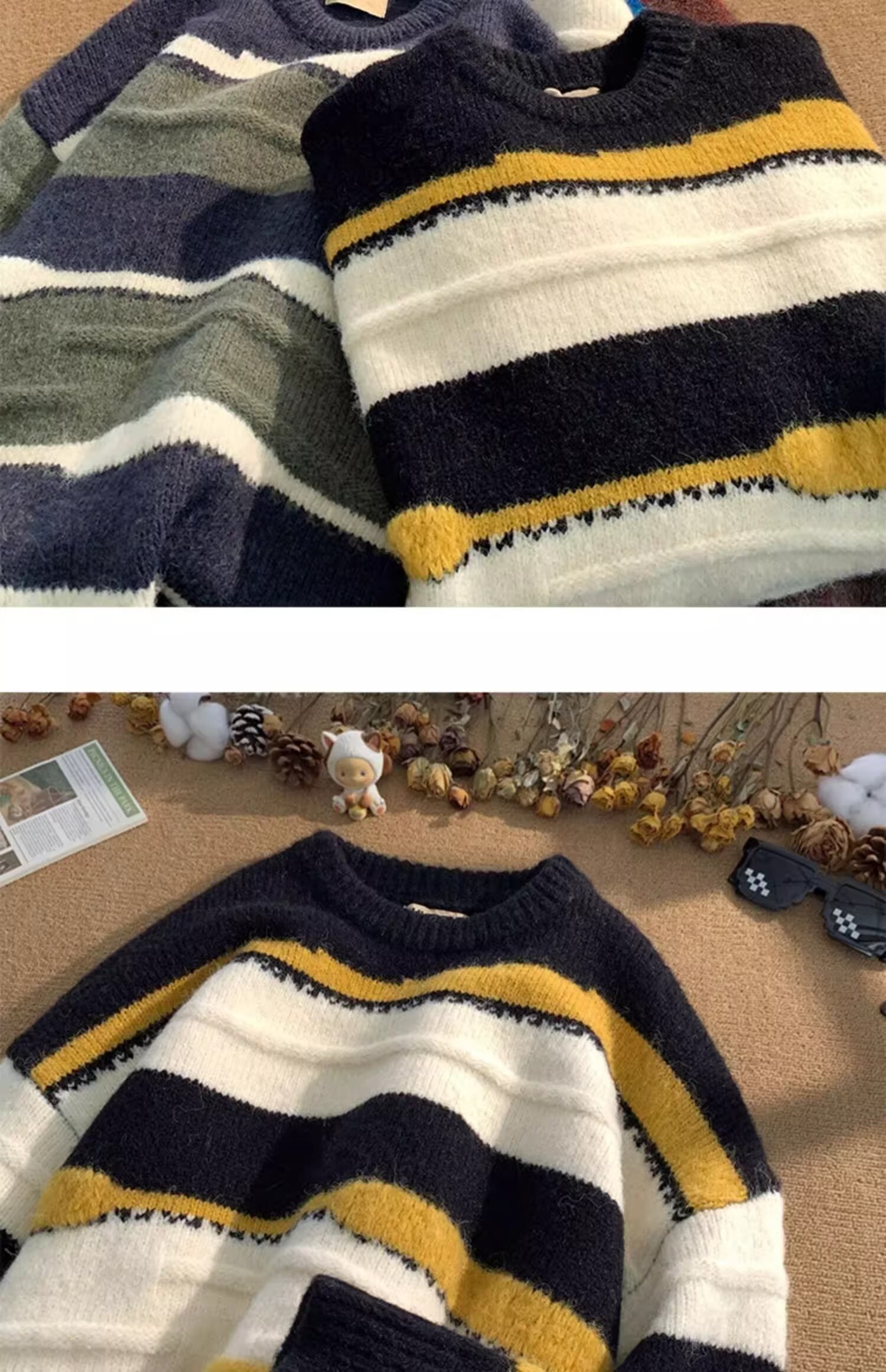Minimalistischer Streifen-Pullover, vielseitig einsetzbar, Harajuku, lässige Strickmode, trendiger Hirschplüsch 610A-2-M23-P58_voghion.com