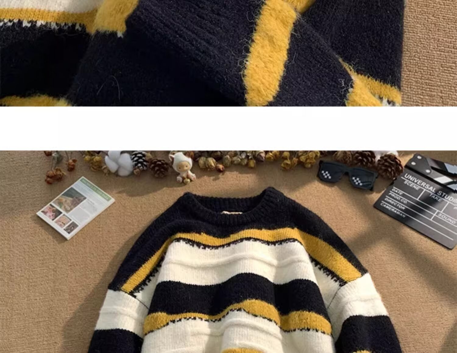 Minimalistischer Streifen-Pullover, vielseitig einsetzbar, Harajuku, lässige Strickmode, trendiger Hirschplüsch 610A-2-M23-P58_voghion.com