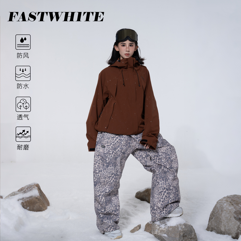 Fastwh1Te Leopard Print Ski Suit Pants Set 3L Taped Windproof and Waterproof Single and Double Board Unisex 25 New Models