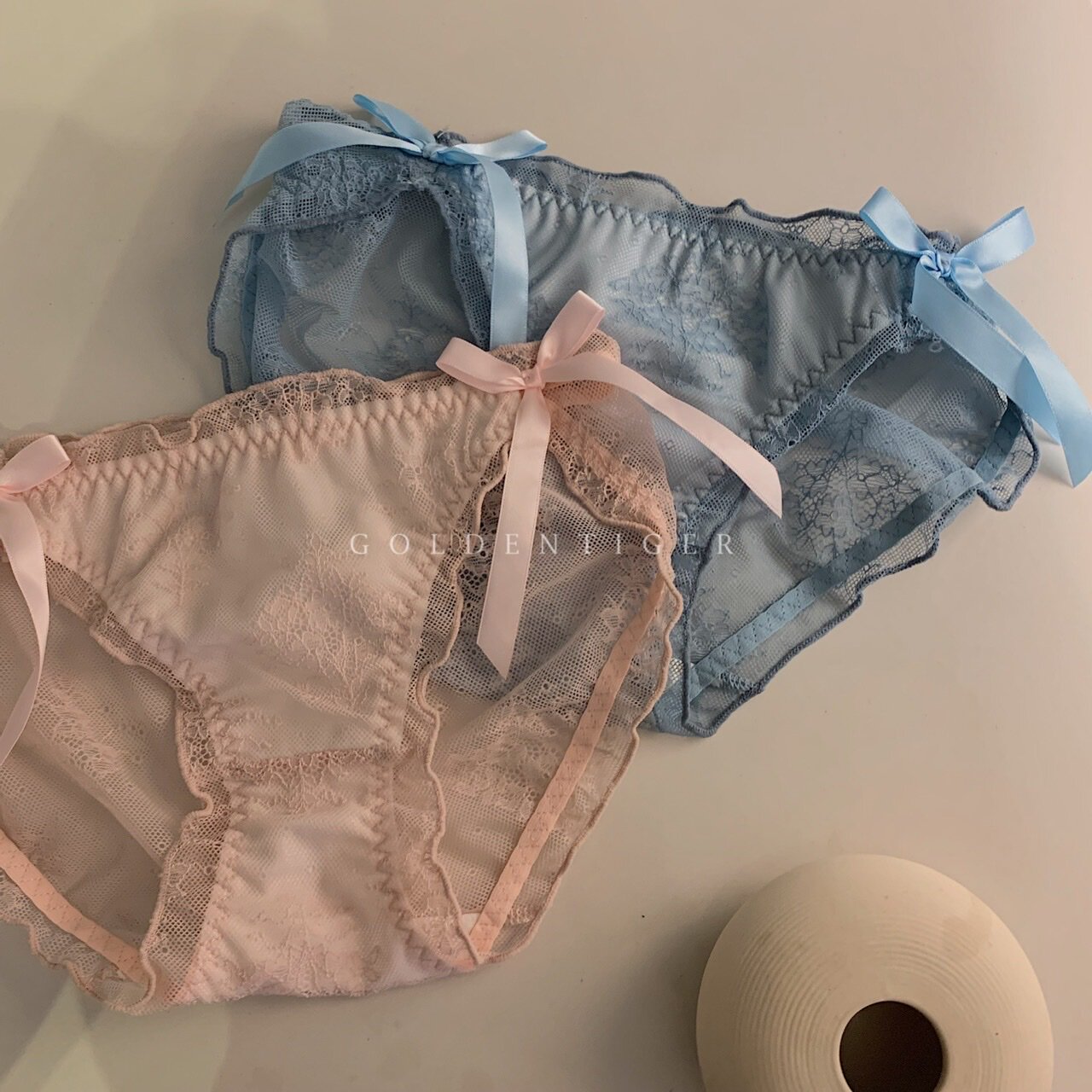 GOLDENTIGER cream girl hollow sexy bow sweet mid-waist solid color briefs panties women