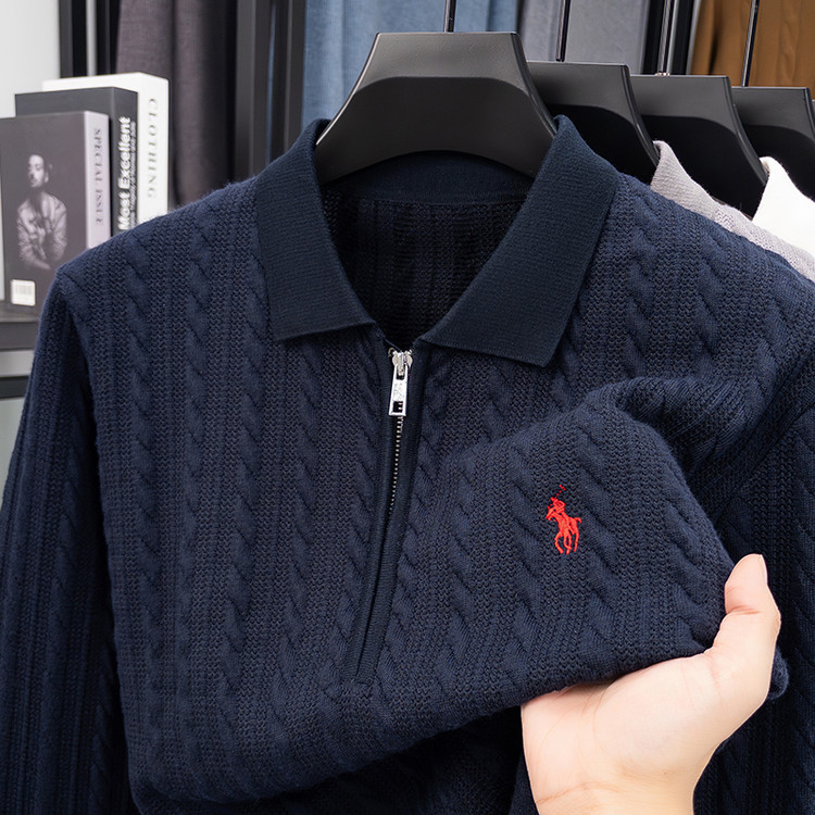 Autumn and Winter Half-Zip Cable Knit Pullover Sweater, Stylish Twist Knit Sweater for Women, Embroidered Horse Pattern Base Shirt, Trendy Top