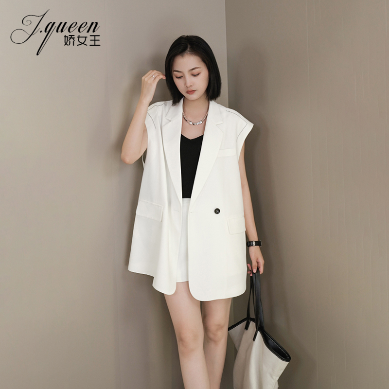 White Suit Collar Vest for Women, Summer Street Style, Loose Fit, Slimming, Versatile, Sleeveless, Shoulder-Cut, Breathable, Mid-Length Vest Jacket