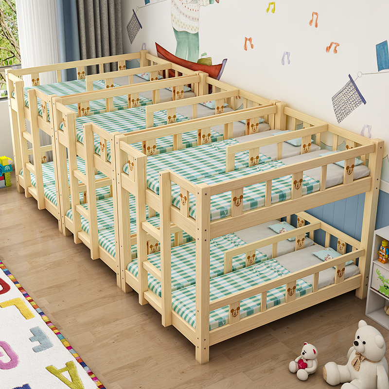 Kindergarten solid wood bed Double bunk bed Fourperson high and low