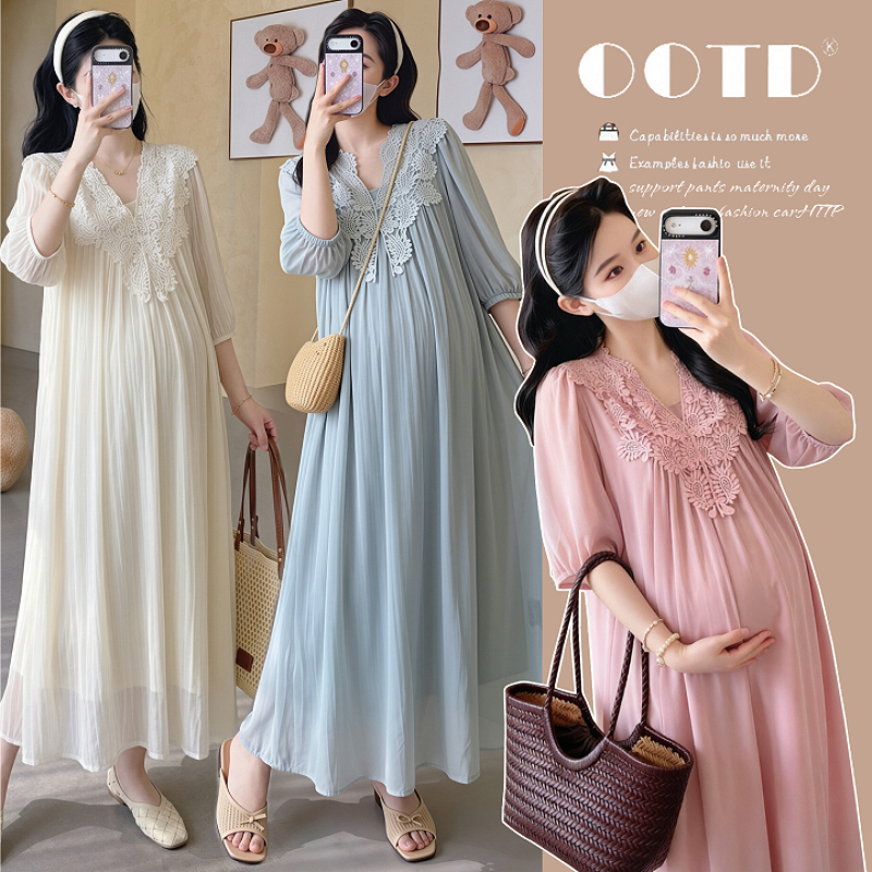 Pregnant Women's French-Style Summer Loose Chiffon Mid-Length Dress, Thin and Breathable Summer Dress Set, Stylish