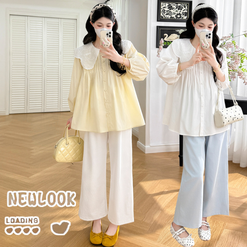Maternity Wear Spring and Summer New Korean Style Fashionable Doll Collar Shirt Top + Wide-Leg Pants Loose Casual Suit