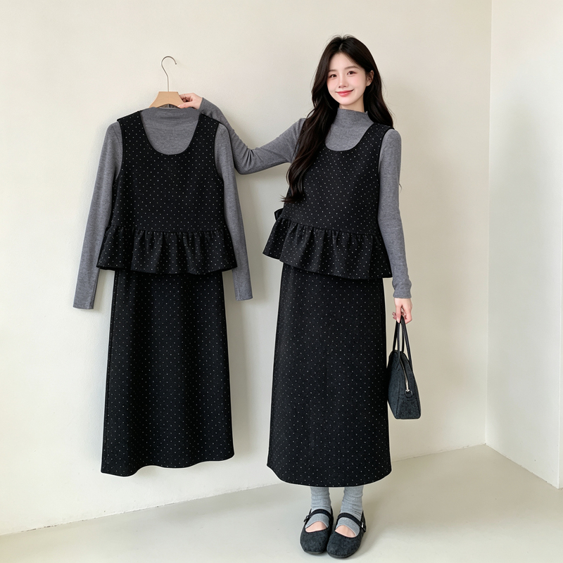 Maternity Autumn Outfit Set, New Fashionable Korean Style Base Shirt + Polka Dot Ruffle Vest + Skirt Three-Piece Set Maternity Autumn Outfit Set, New Fashionable Korean Style Base Shirt + Polka Dot Ruffle Vest + Skirt Three-Piece Set