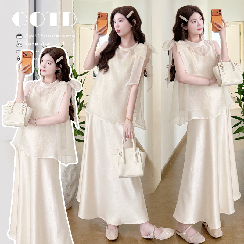Maternity Wear 2026 Summer New Style Elegant and Fashionable Bow-Knot Sleeveless Top + Satin Suspender Skirt Fairy-Like Set Maternity Wear 2026 Summer New Style Elegant and Fashionable Bow-Knot Sleeveless Top + Satin Suspender Skirt Fairy-Like Set