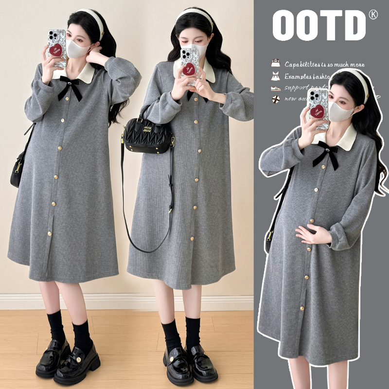 2026 Spring Maternity Dress New Fashionable and Elegant Age-Reducing Doll Collar Loose and Stylish A-Line Dress Mid-Length