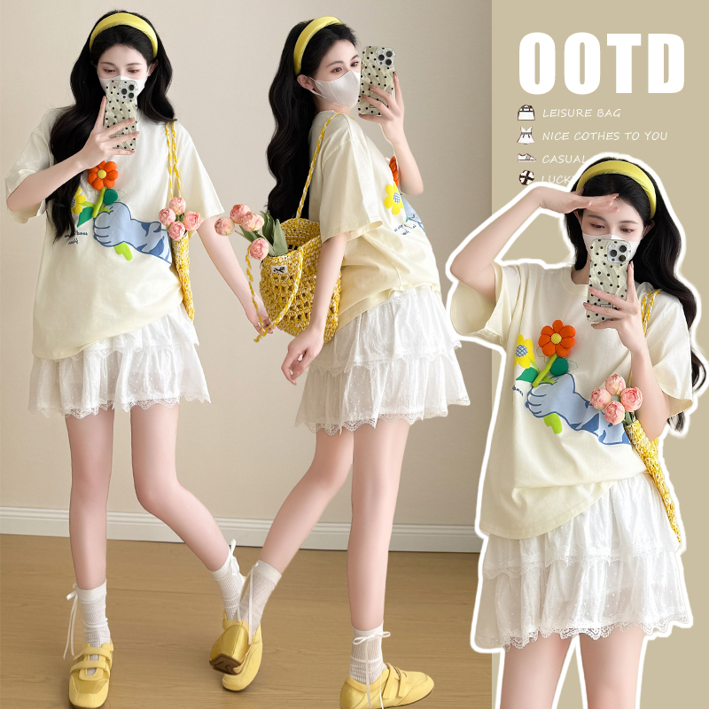 Maternity Wear Summer New Fashion Youthful Cute Floral T-Shirt Top + Cake-Style Half Skirt Petite Set