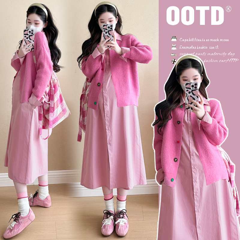 Maternity Wear 2026 Autum New Fashion Pink Knitted Cardigan + Shirt Dress Mid-Length Western-Style Suit Maternity Wear 2026 Autum New Fashion Pink Knitted Cardigan + Shirt Dress Mid-Length Western-Style Suit