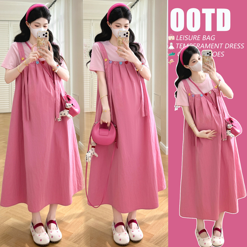 Maternity Wear 2026 Summer New Korean Style Fashionable Short-Sleeved T-Shirt Top + Suspender Skirt Dopamine Age-Reducing Suit Maternity Wear 2026 Summer New Korean Style Fashionable Short-Sleeved T-Shirt Top + Suspender Skirt Dopamine Age-Reducing Suit