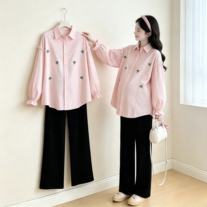 Maternity Wear Autumn New Korean Fashion Pink Collared Shirt Jacket + Wide-Leg Pants Casual Loose Set