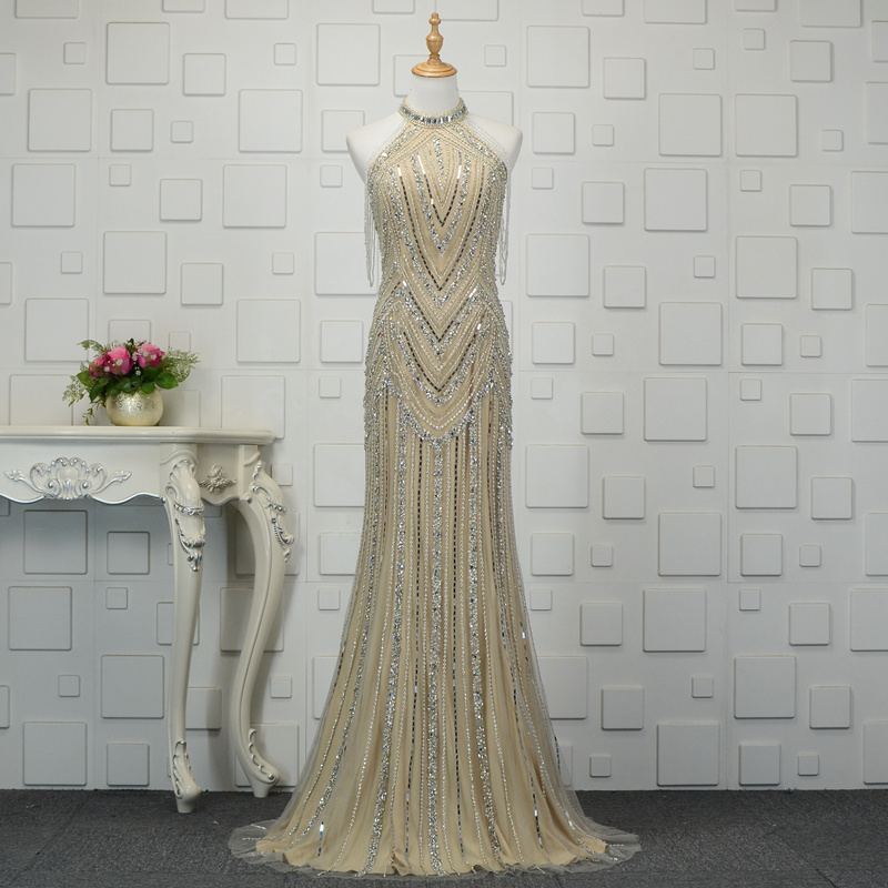 Heavy-Duty Hand-Beaded Evening Dress, Banquet Dress, Toast Dress, Evening Host Long Dress, Slim-Fitting Tassel Dress