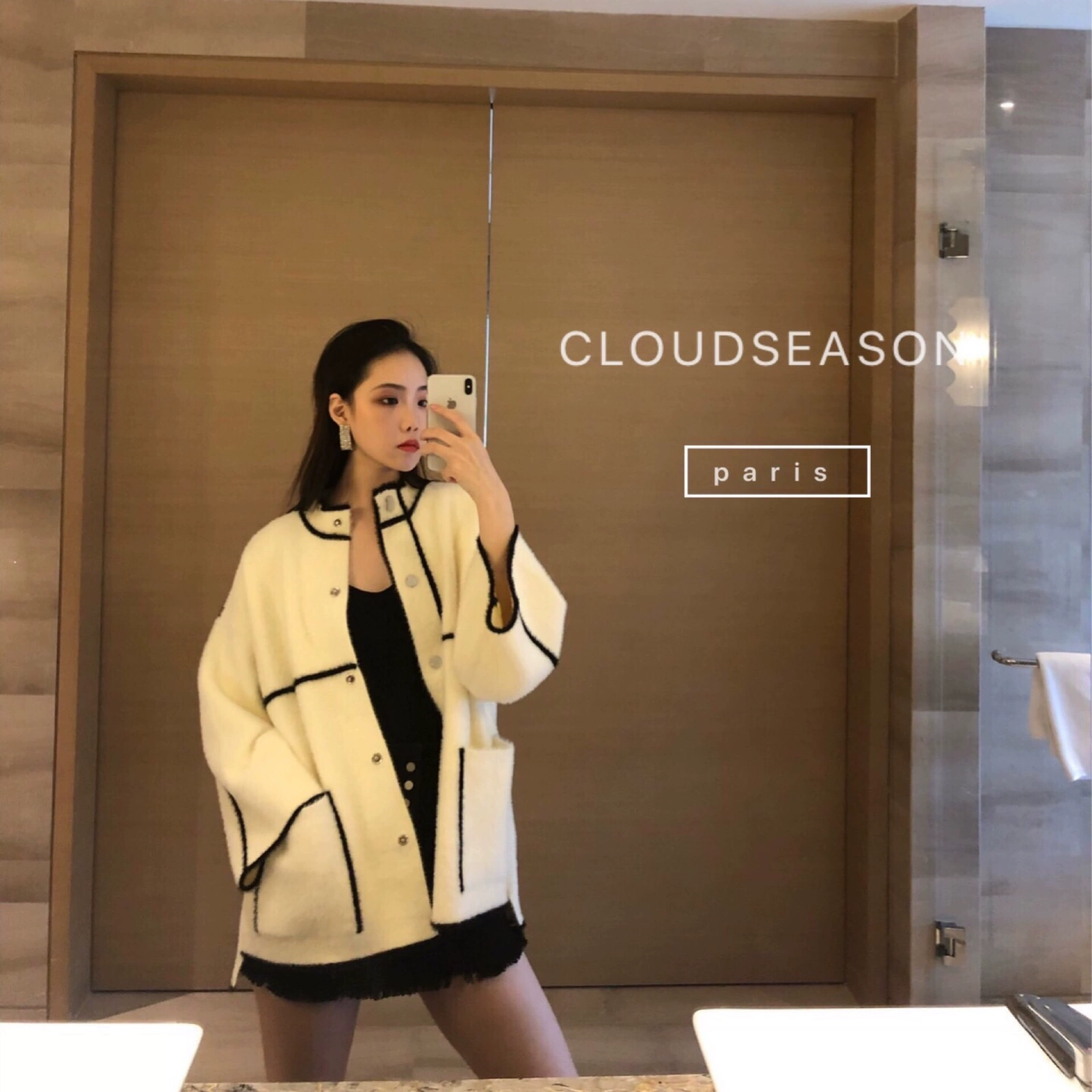 Úc Light Luxury Pavilion Cloud mùa dài tay đứng cổ áo dây kéo nữ màu đen và trắng dòng chồn áo khoác ngoài - Áo len lót đôi