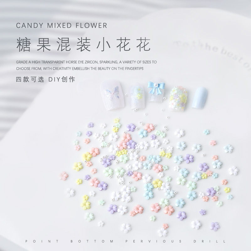 Nail Art Accessories Resin Mixed Small Flowers Pearls Steel Beads Macaron Candy Color Flowers Three-Dimensional Nail Decorations