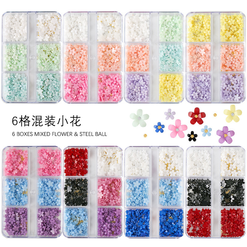 6-Compartment Nail Art Decorations Resin Mixed Small Flowers Pearls Steel Beads Macaron Candy Color 3D Nail Decorations