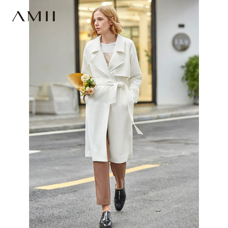 Amii Women 2020 Spring Mặc New England Phong cách Phù hợp với áo gió Cổ áo Nữ dài Phần eo dây đeo Áo khoác giản dị - Trench Coat