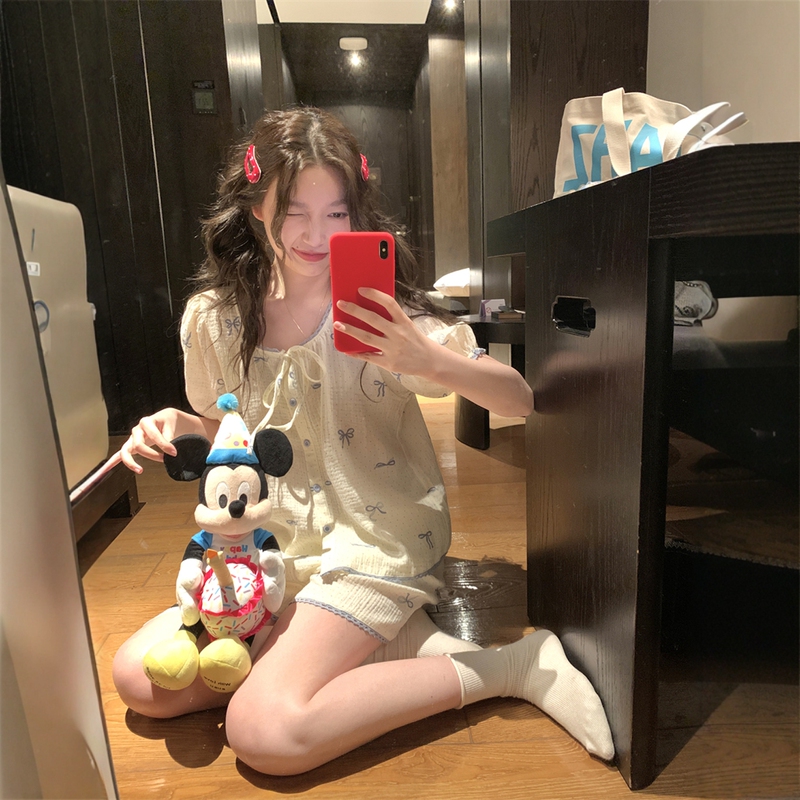 Korean-Style Sweet Bow Cotton Gauze Pajamas for Women, Summer Comfortable Lace Short-Sleeved Shorts, Girly Home Wear Set