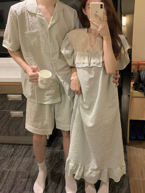 ins Couple Pajamas Women's Summer New Style Pure Cotton Linen Lace Plaid Nightgown Short Sleeve Can Be Worn Outside Home Clothes Set