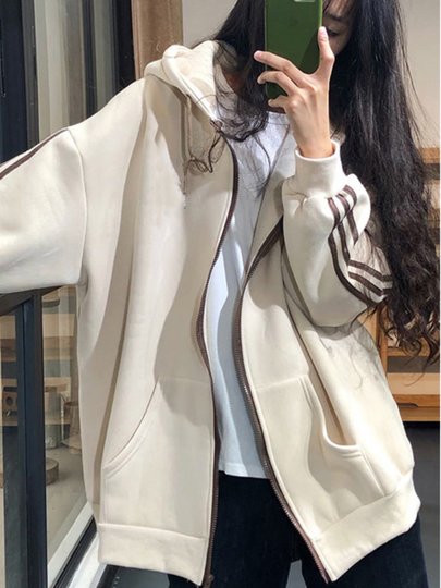 杏色2025秋冬新款爆款宽松中长卫衣外套女连帽加绒加厚遮屁股开衫