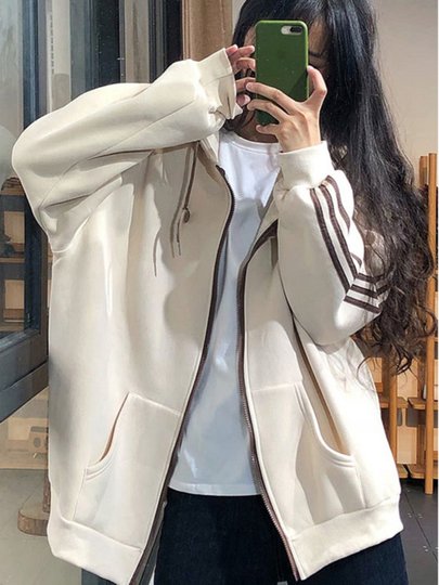 杏色2025秋冬新款爆款宽松中长卫衣外套女连帽加绒加厚遮屁股开衫