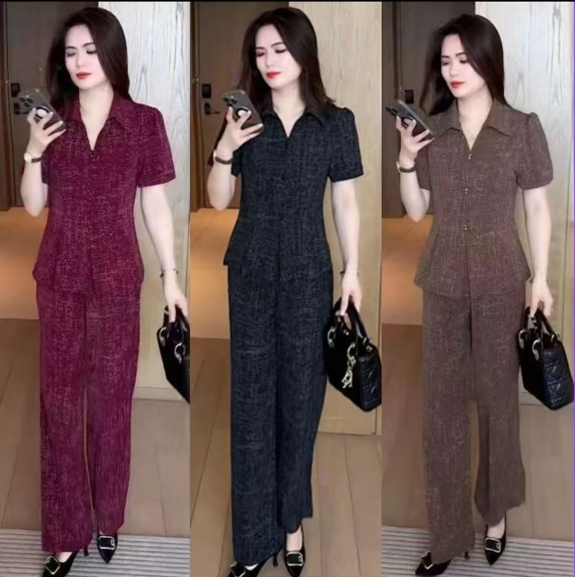 Summer Complete Outfit Fashion Set for Women 2026 New Style Elegant Age-Reducing Short-Sleeved Wide-Leg Pants Ice Silk Two-Piece Set