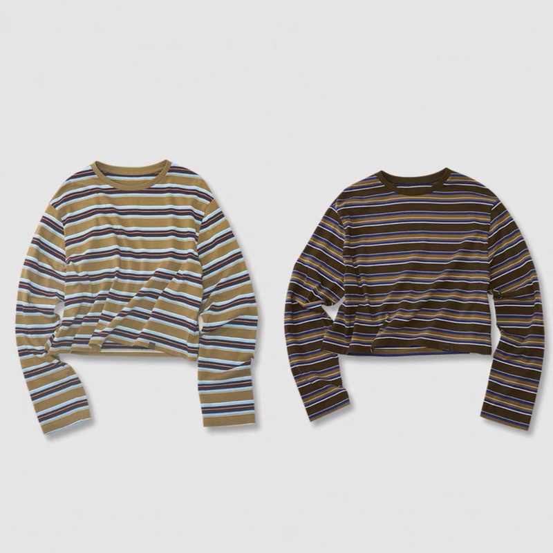Striped Polyester-Cotton Blend_Lazy Retro Multi-Color Contrast Stripe Slightly Dropped Shoulder Short Long-Sleeve T-Shirt Striped Polyester-Cotton Blend_Lazy Retro Multi-Color Contrast Stripe Slightly Dropped Shoulder Short Long-Sleeve T-Shirt