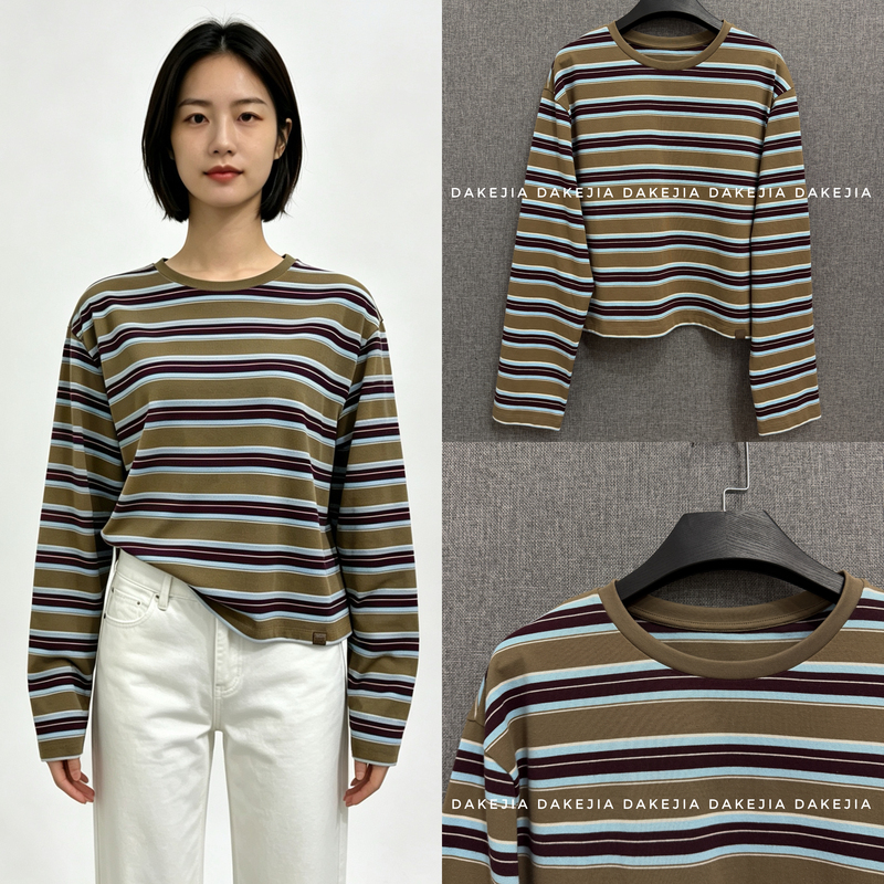 Striped Polyester-Cotton Blend_ Lazy Retro Multi-Color Contrast Striped Slightly Dropped Shoulder Short Long-Sleeved T-Shirt Striped Polyester-Cotton Blend_ Lazy Retro Multi-Color Contrast Striped Slightly Dropped Shoulder Short Long-Sleeved T-Shirt