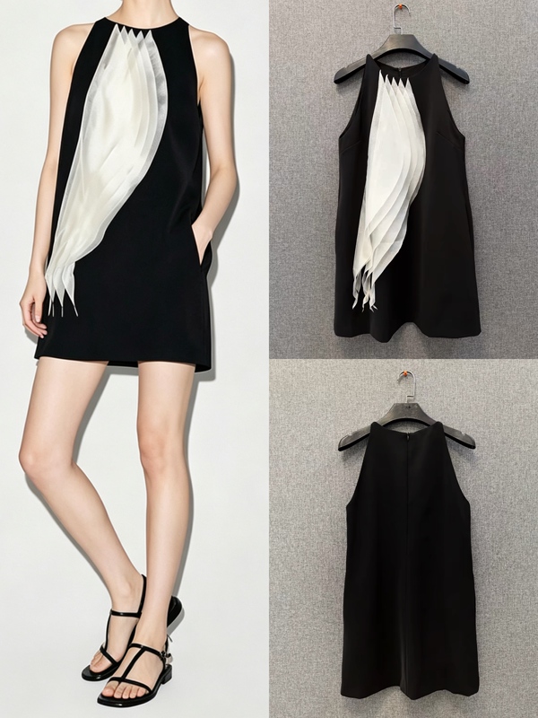 [in Stock] 26 Summer Black and White Patchwork Sheer Sleeveless Vest A-Line Dress Elegant Hepburn Style Little Black Dress