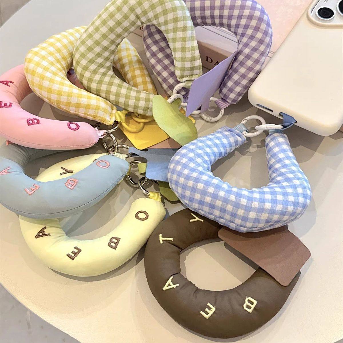 Korean-style color-blocked plaid embroidered letter handmade fabric soft C wristband lanyard phone charm.