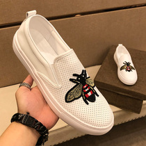 Little bee hollow one pedal Bean shoes mens summer leather breathable trendy shoes casual leather shoes soft bottom white mens shoes