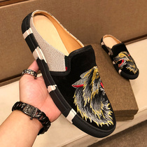 European station mens shoes 2020 new Embroidery printing bee half slippers mens leather breathable casual lazy shoes men