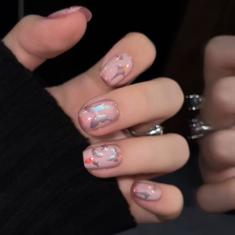 [Symphony Butterfly] Purely Handmade Wearable Nail Art Set of 10 Pieces, Pink Pearlescent Magic Mirror Powder, Three-Dimensional Butterfly Design