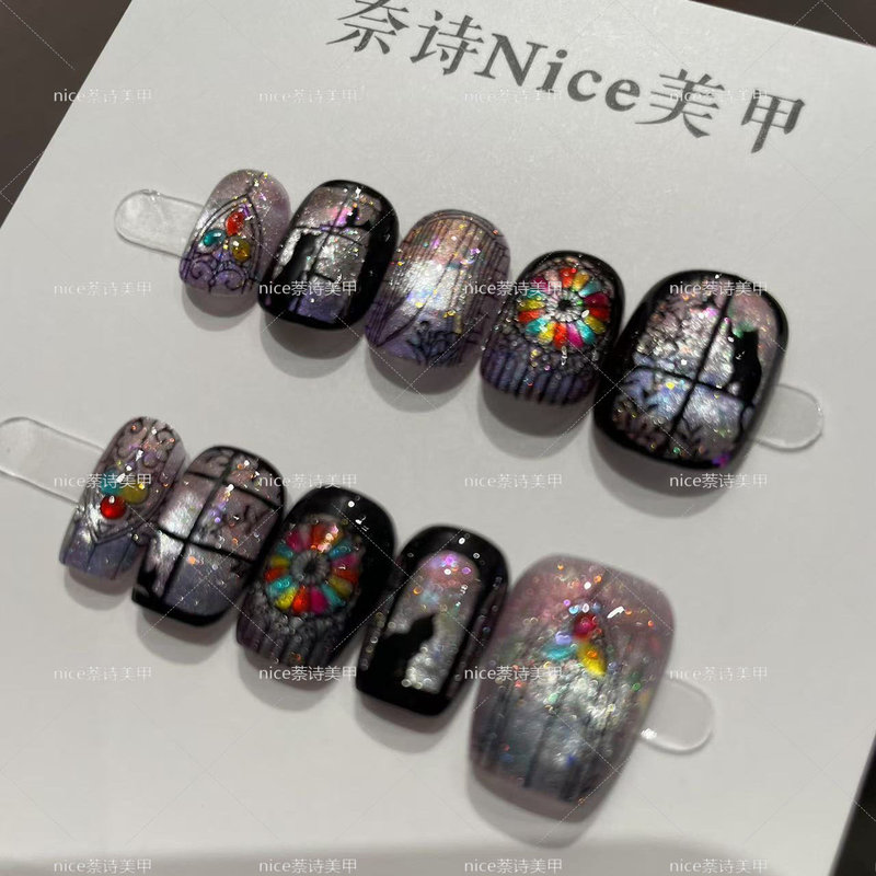 [Window Flower Cat (High-End Edition)] Fully Handmade Wearable Nail Art 10-Piece Set with Glitter and Painted Cat Designs