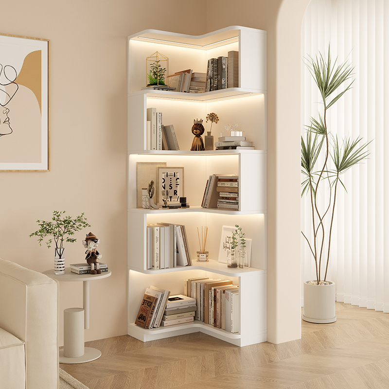 Cream Style Corner Bookcase Small Apartment Living Room Storage Cabinet Children's Bedroom Corner Floor Bookshelf Wall Storage Cabinet