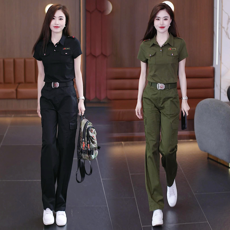 Le Chengjun Camouflage Suit for Women, New Summer Short-Sleeved Sports Casual Thin Fashion Workwear Long Pants Two-Piece Set