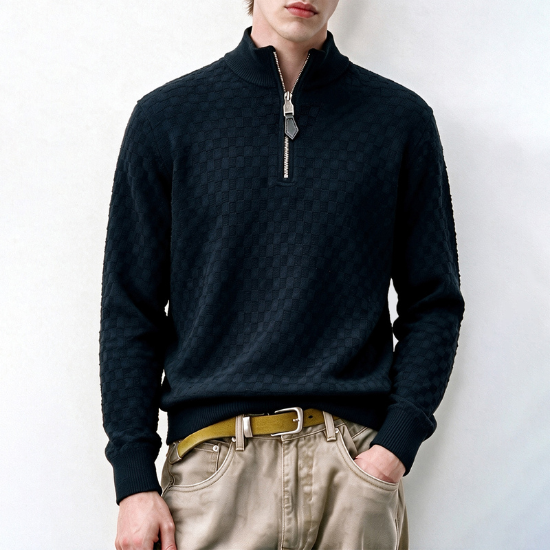 Seasonmark Half-Zip Stand Collar Knit Sweater for Men, Autumn Checkerboard Pattern Sweater, Business Casual Long-Sleeve Base Layer Top Seasonmark Half-Zip Stand Collar Knit Sweater for Men, Autumn Checkerboard Pattern Sweater, Business Casual Long-Sleeve Base Layer Top